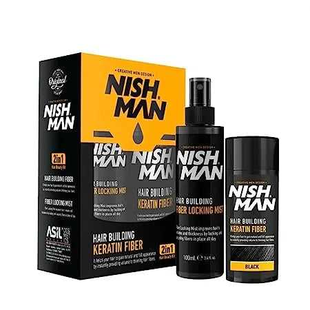 NishMan Hair Building Keratin Fiber Kit and Fiber Locking Mist 100ml + 21g Black