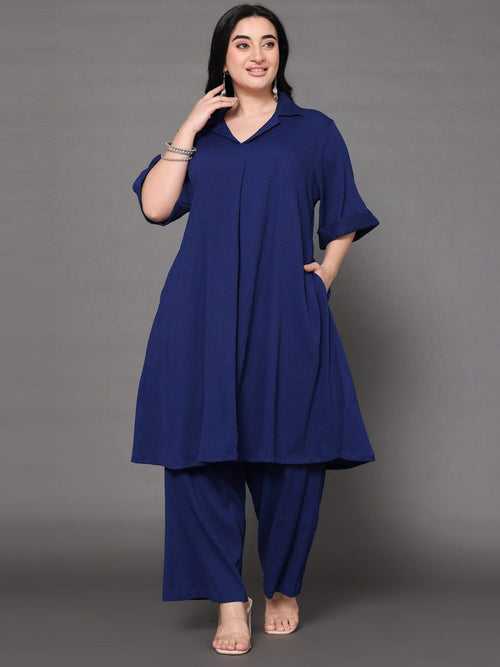Varanga Women Plus Size Navy Blue Shirt Collar, Flared Sleeves, Paired With Tonal Bottom.