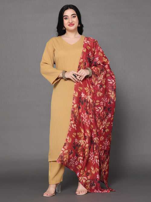 Varanga Women Plus Size Beige Straight Kurta Paired With Tonal Bottom And Printed Dupatta