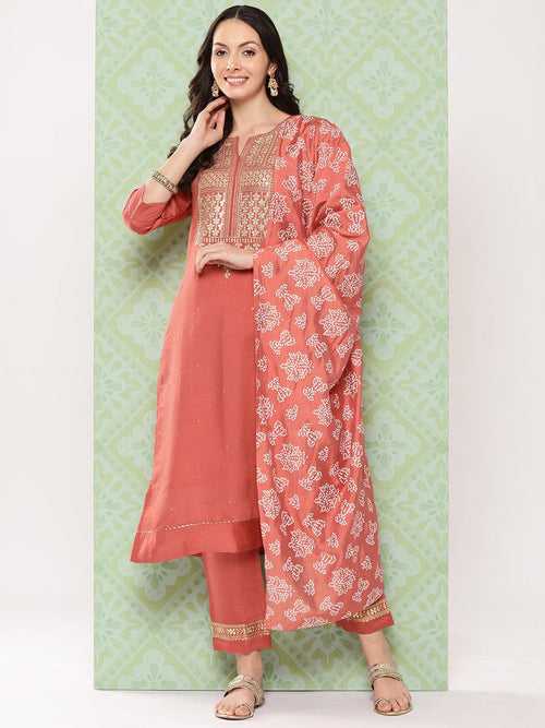 Varanga Women Peach Embroidered Kurta Set With Dupatta