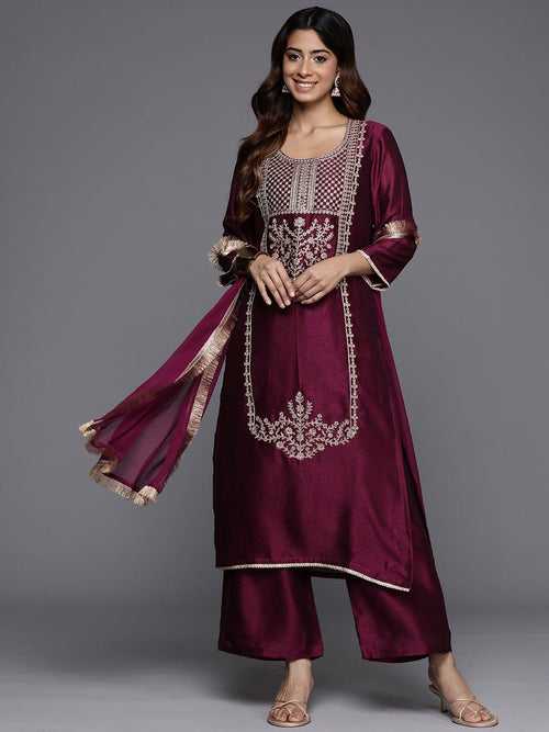 Varanga Women Burgundy Heavy Zari Embroidered Kurta With Bottom And Dupatta