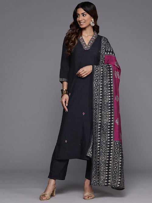 Varanga Women Navy Blue Beads, Zari And Thread Embroidered Kurta With Bottom And Dupatta