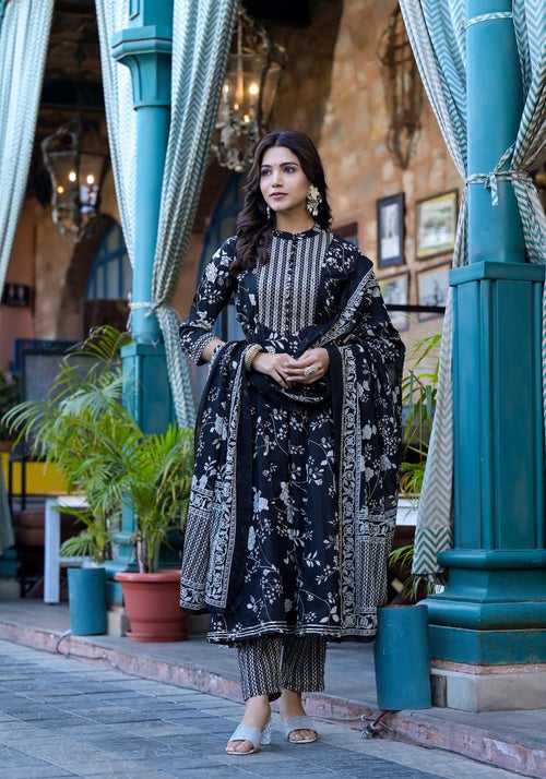 Varanga Women Black Floral Printed Embellished Yoke Anarkali Kurta Paired With Printed Bottom And Printed Dupatta