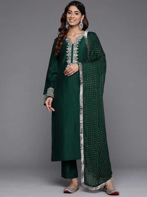 Varanga Women Green Round Neck With Embroidered Kurta , Full Sleeves , Straight Kurta With Side Slits, Paired With Tonal Bottom And Dupatta.