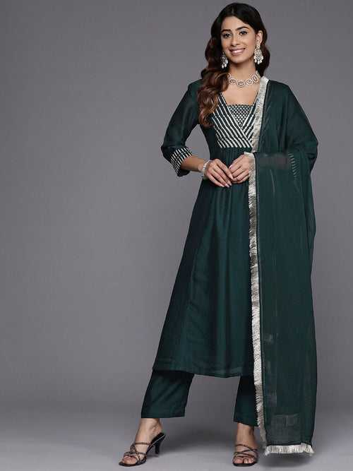 Varanga Women Teal Embroidered Kurta With Bottom And Dupatta