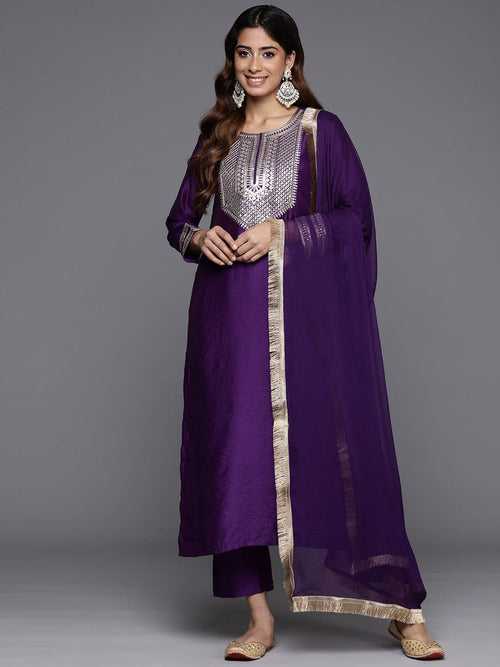 Varanga Women Pruple Zari Embroidered Kurta With Bottom And Dupatta