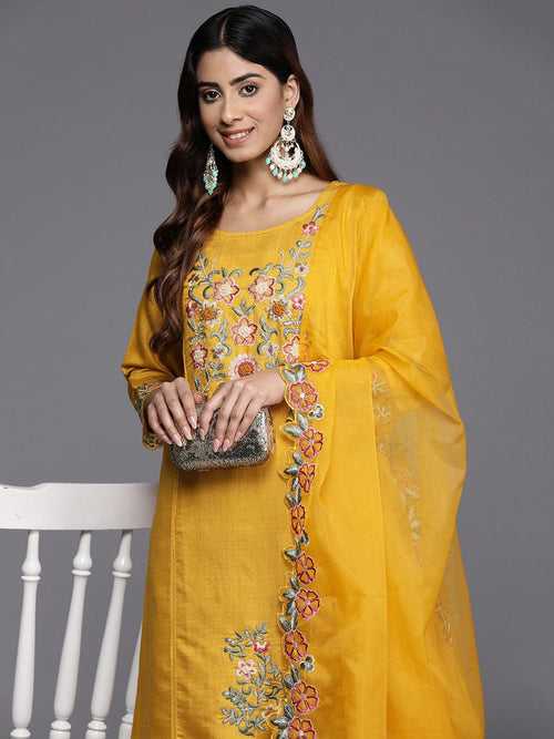 Varanga Women Mustard Yellow Embroidered Scallop Kurta Paired With Bottom And Dupatta