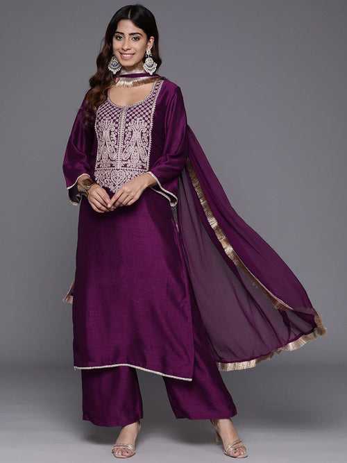 Varanga Women Purple Zari Embroidered Kurta With Bottom And Dupatta