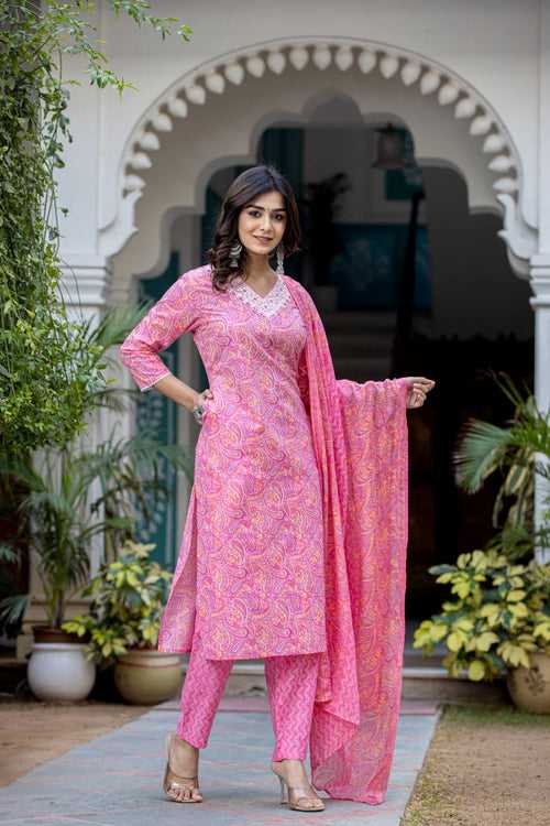 Varanga Women Printed Pink V Neck Embroidered Kurta With Printed Bottom And Dupatta