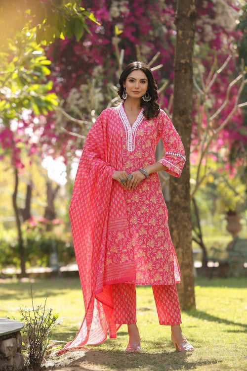 Varanga Women Pink V Neck Crochet Lace Detailed Kurta With Printed Bottom And  Dupatta