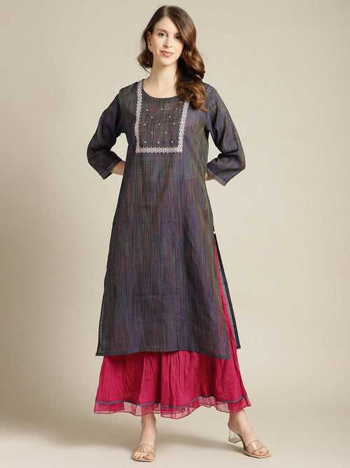 Ksut Navy Blue Ethnic Motifs Yoke Design Empire Chanderi Silk Kurta With Sharara