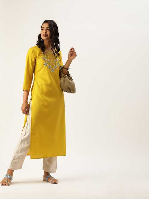 Mustard Yellow Floral Yoke Embroidered Straight Kurta