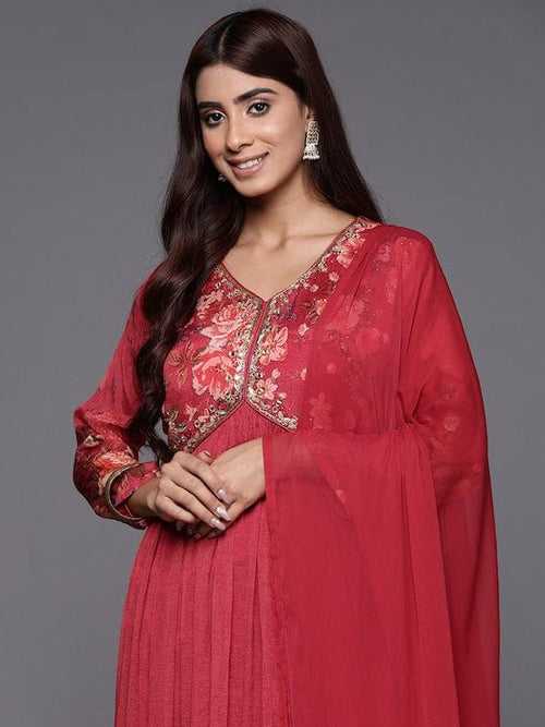 Varanga Women Red Floral Printed Pure Silk Chinon Embroidered V-Neck Aliya Cut Kurta Paired With Tonal Dupatta