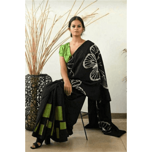 Black Floral Printed Cotton Saree