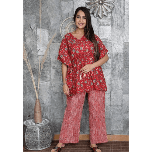 Red Floral Printed Kaftan Nightsuit Set