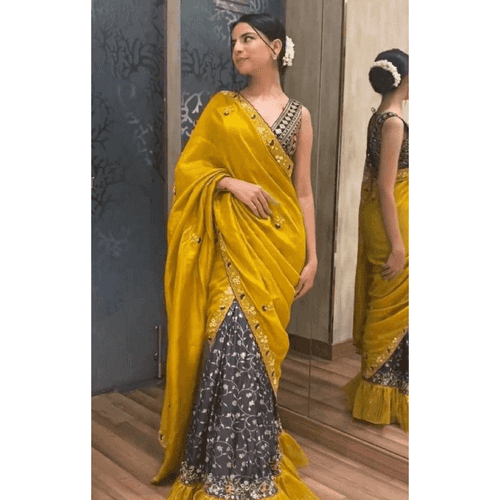 Black and Yellow Ruffled Saree with Embroidered Blouse