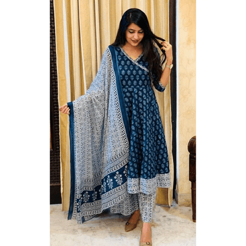 Indigo Angarkha Printed Suit Set