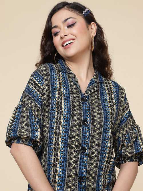 Blue Colour Printed Casual Wear Rayon Shirt For Women