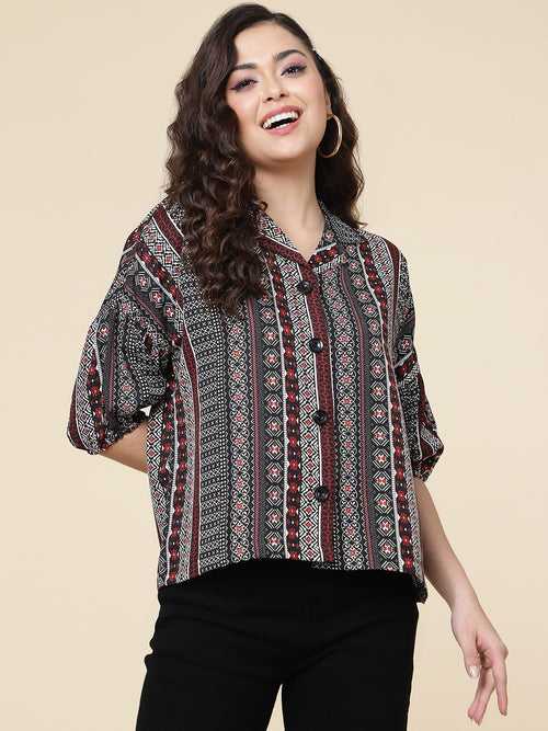 Black Colour Printed Casual Wear Rayon Shirt For Women