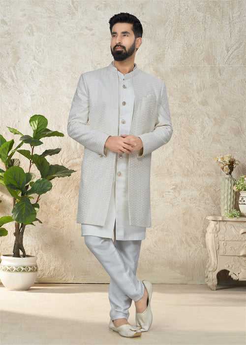 Off White Wedding Wear Mens Indowestern