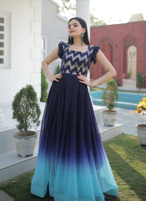Womens Blue Color Embroidery And Zari Sequins work Party Wear Gown