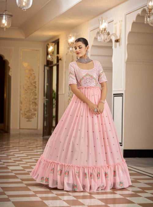 Semi-Stitched Stylish Pink Floral Embroidered Georgette Long Gown