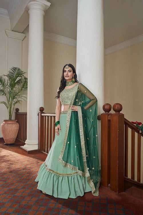 Pista Green Colour Thread and Embroidery Work Lehenga Choli