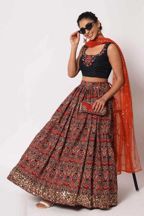 Navy Floral Printed Art Silk Lehenga Choli