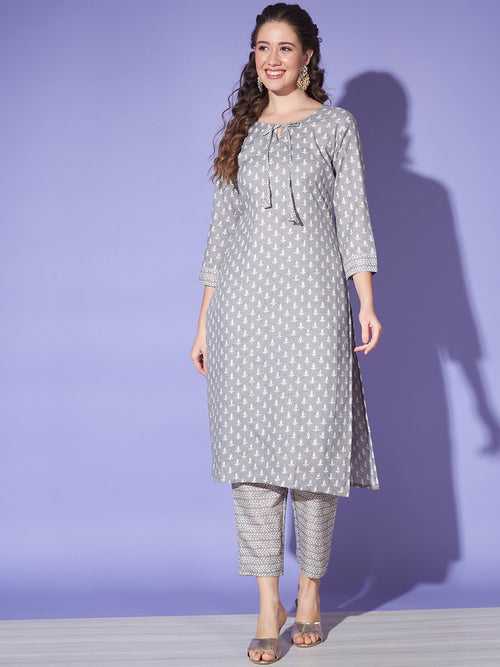 Grey Colour Cotton Jaipuri Printed Casual Wear Kurta Pant Set For Women's