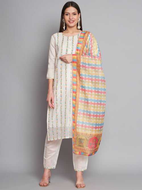 White Colour Cotton Silk Embroidery Sequins with Printed Kurta Pant Dupatta Set For Women's