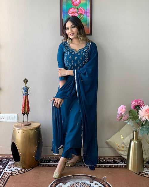 Blue Party Wear Embroidery Worked Kurta With Pant And Dupatta Set