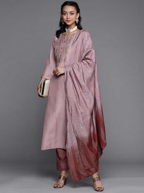 Purple Party Wear Embroidery Worked Kurta With Pant And Duppata Set