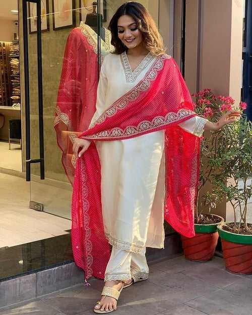 Beautiful Off-White Embroidered Straight Ethnic Wear Kurta Set for Women