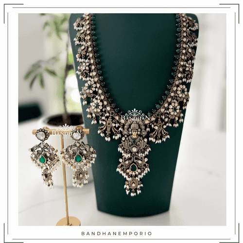 Pure 92.5 Silver Polki Victorian Balaji Necklace set - Made on Order