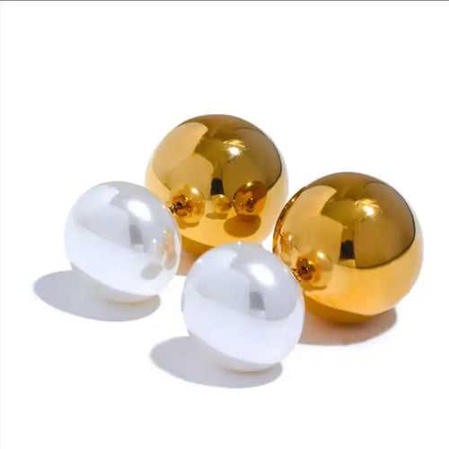 Pearl Double Ball Earrings - 18K Gold Coated