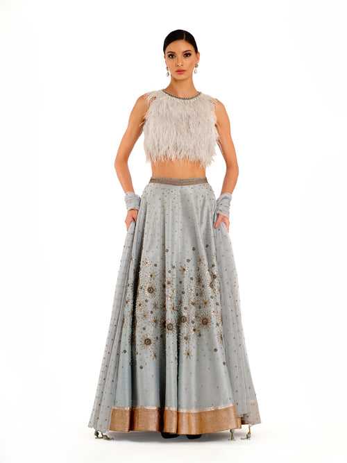 Blue Embroidered Lehenga with Feather detailed Blouse and Swiss Net Embroidered Dupatta