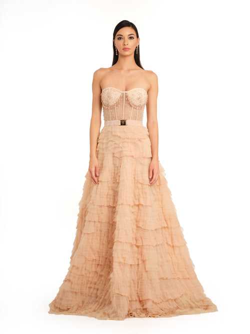 Peach Embroidered Bodice High Slit Gown