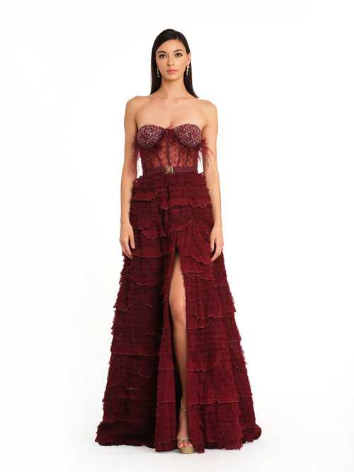 Burgundy Corset Gown with Frill Detailing