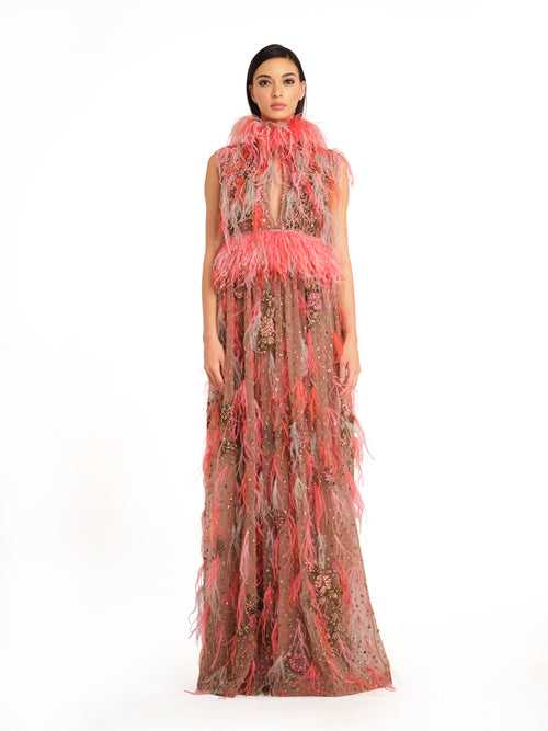Feather Cocktail Gown with Embellishments