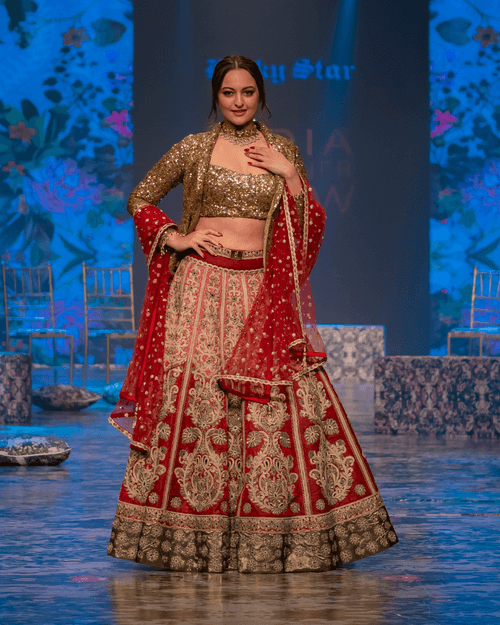 Embroidered Lehenga with Gold Sequin Top & Jacket