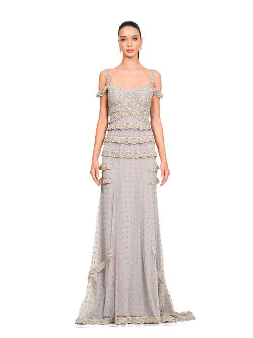 Grey Embroidered Straight Fit Gown with Cord Work Embroidery