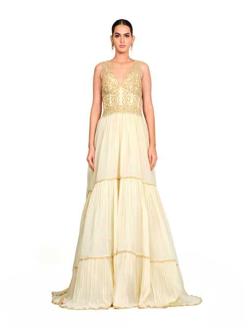 Flared Sleeveless Gown with Signature Cord-work and Sequins Detailing