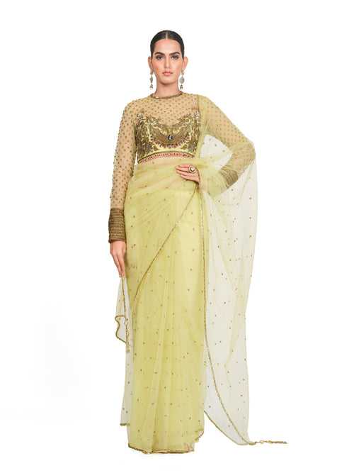 Net Saree with Embroidered Blouse