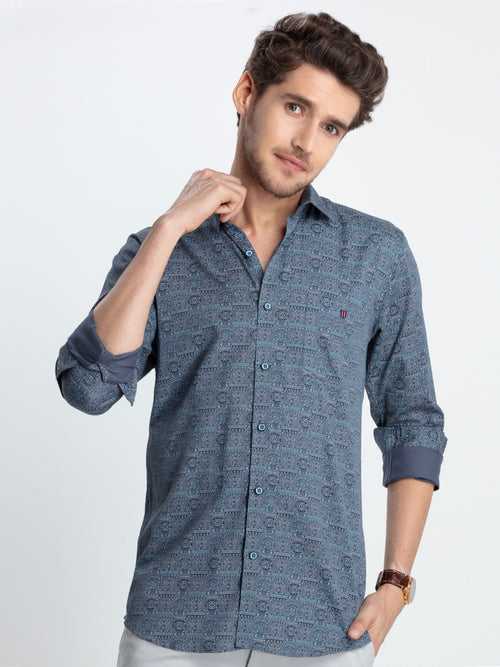 OTTO - Pale Teal Decorative Printed Casual Shirt. Trim Fit - OS5D3Y_1
