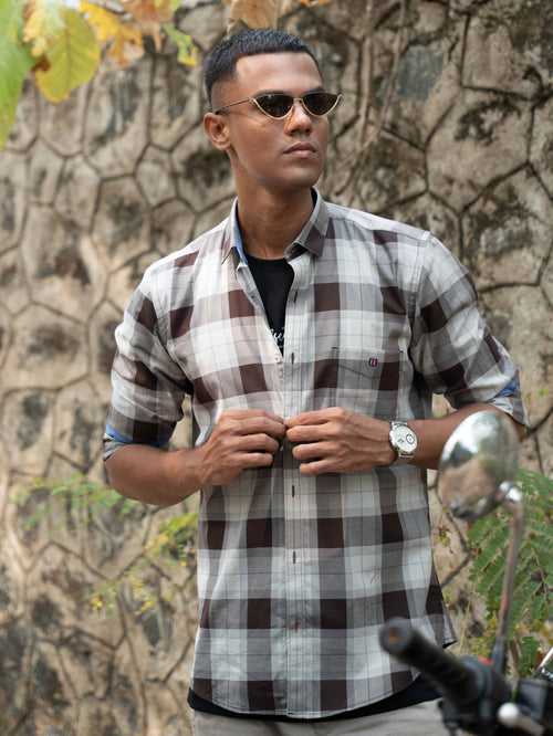 OTTO - Brown Checkered Casual Shirt. Trim Fit - SSOHSWW005_BROWN
