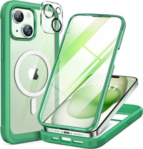 iPhone 15 Plus - Green : Cases Villa 360° Protection Case 9H Tempered Glass Cover with MagSafe
