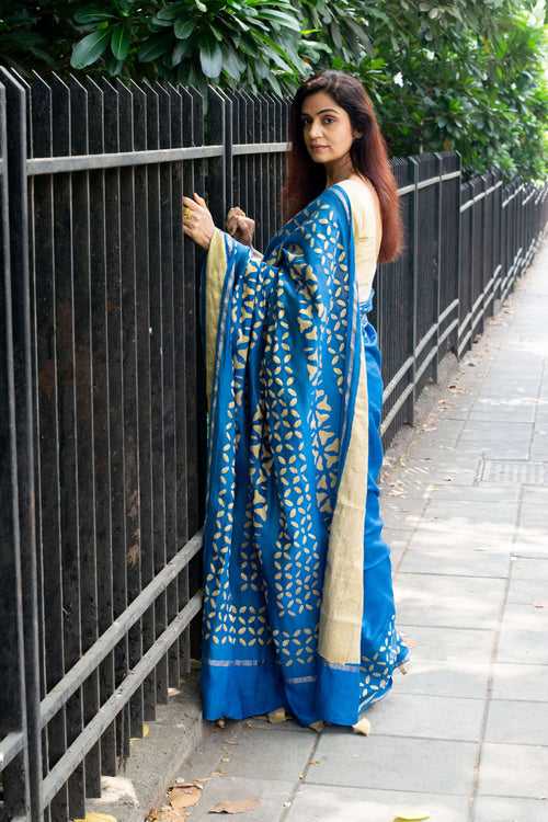 Blue Applique Chanderi Saree