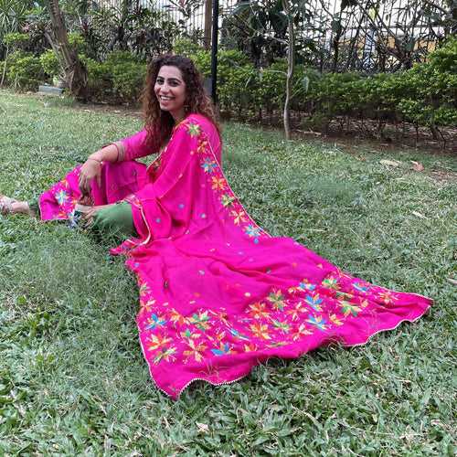 Hot pink Phulkari hand embroidery Dupatta