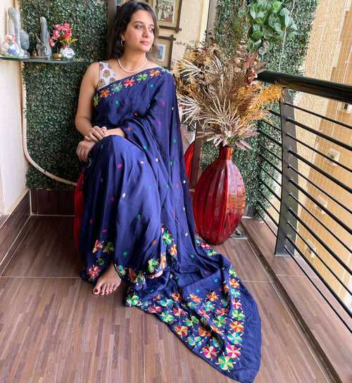 Blue Chinon Phulkari Saree