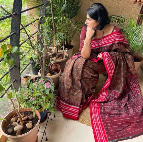 Brown Bandha Ikat Cotton Saree